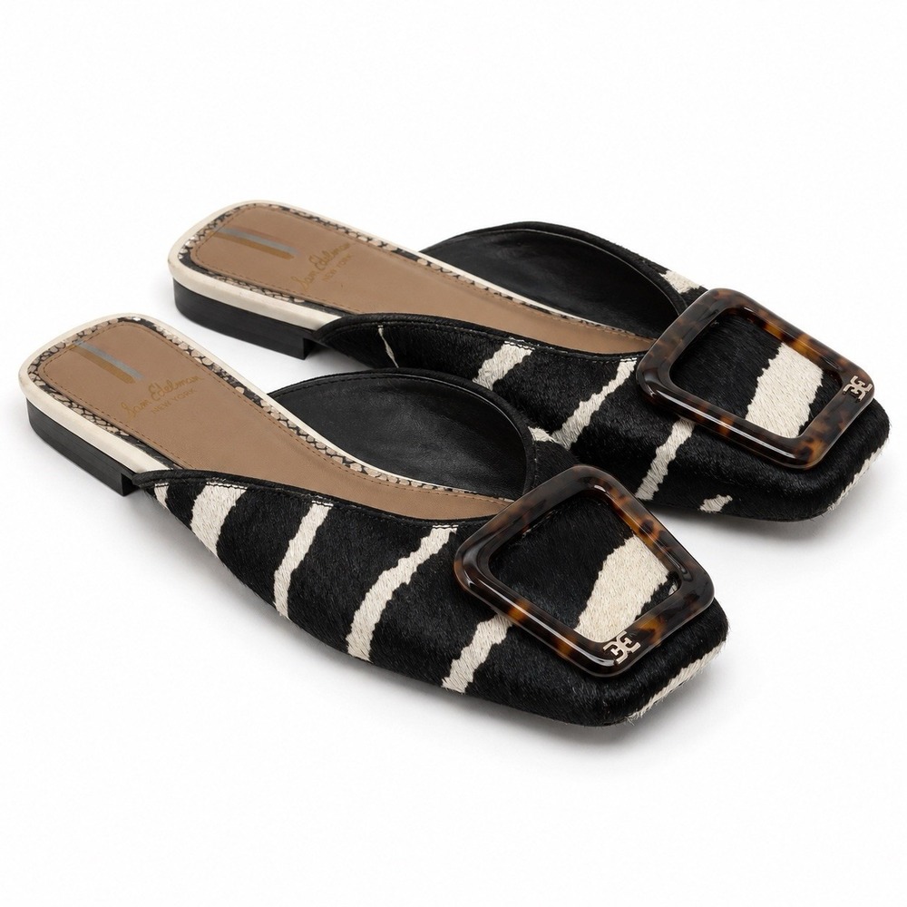Sam Edelman Lavina Buckle Mule 8 Calf Hair Zebra Slides Tortoise Square Toe Glam